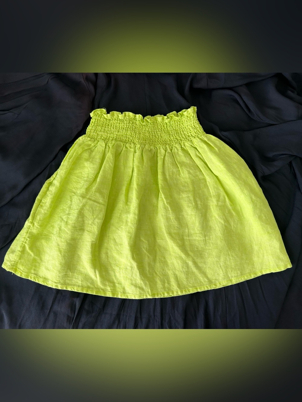 Cynthia Rowley Neon Lime Smocked Waist Circle Skirt With Pockets 100% Linen